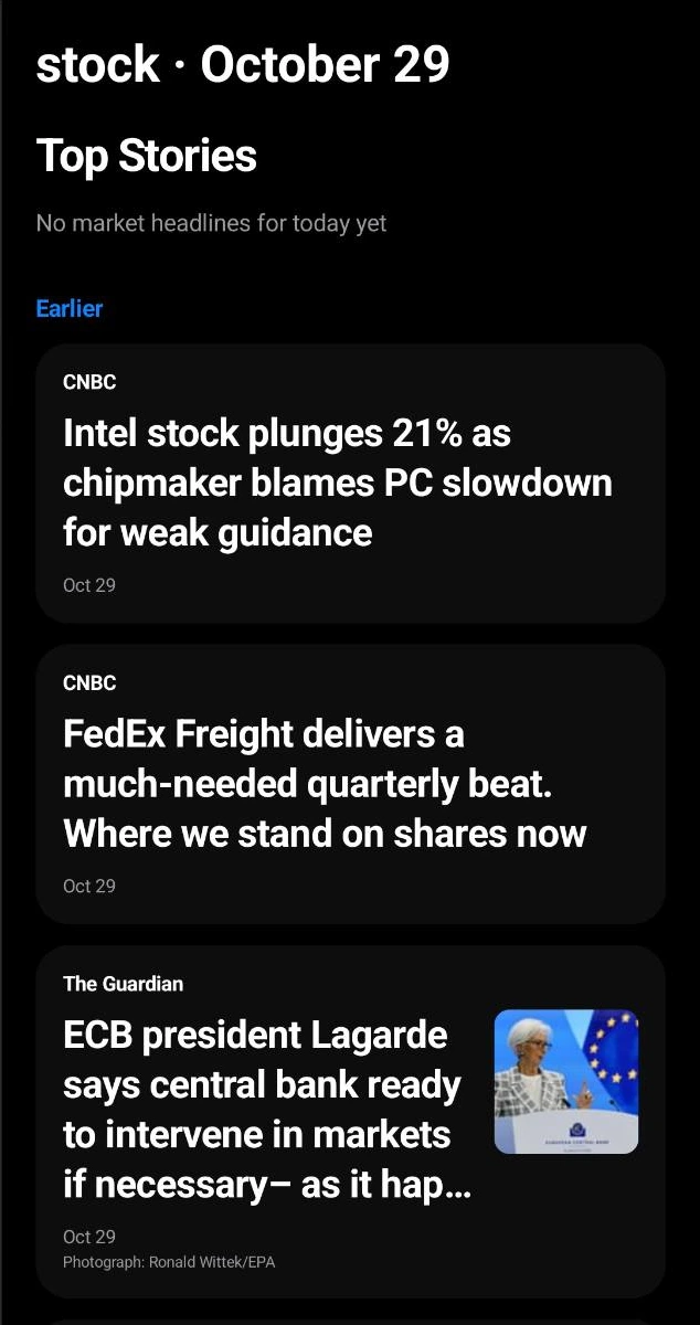 10 月 29 日截取的 Stock 财经新闻，与自选并排呈现